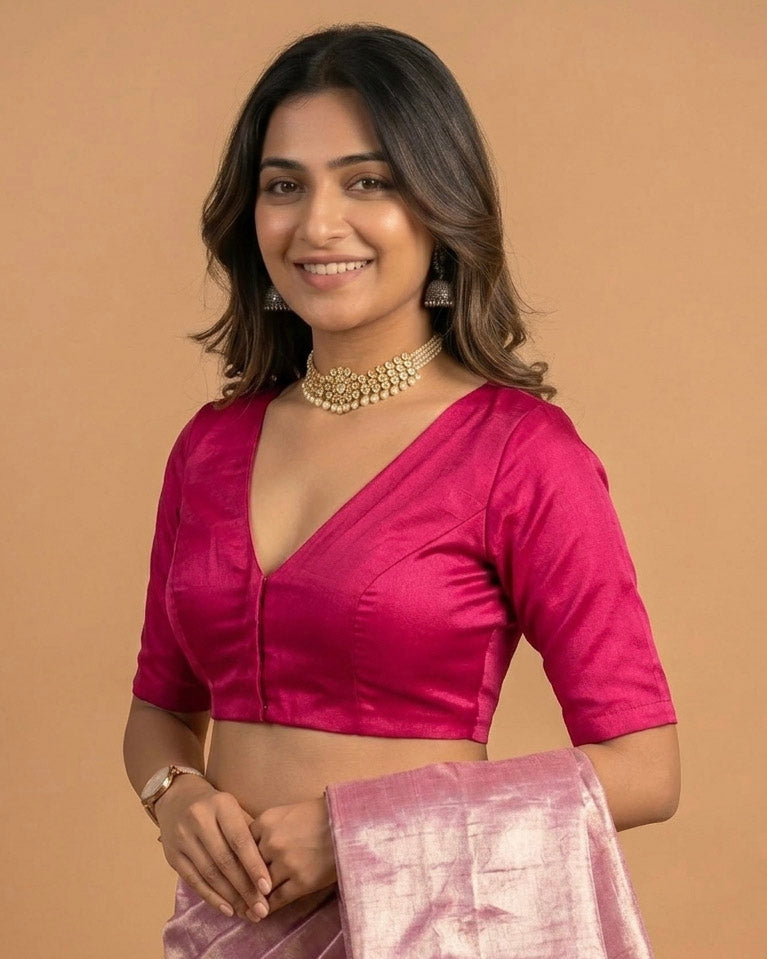 Sangini V neck Art Silk Blouse with Elbow Sleeves - Pink
