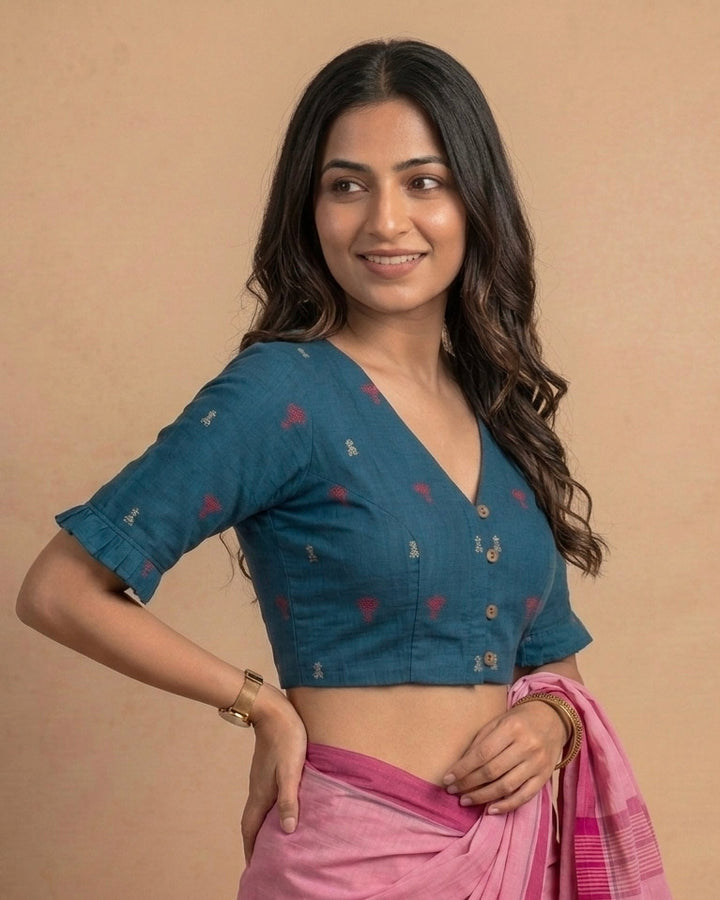 9AM button down blouse with elbow sleeve - Blue Handwoven