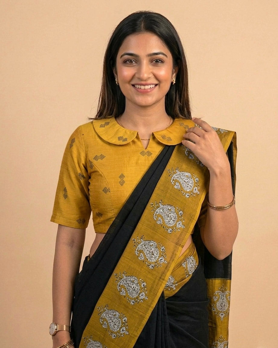 Timeless Handwoven Blouse with Peter Pan Collar - Mustard