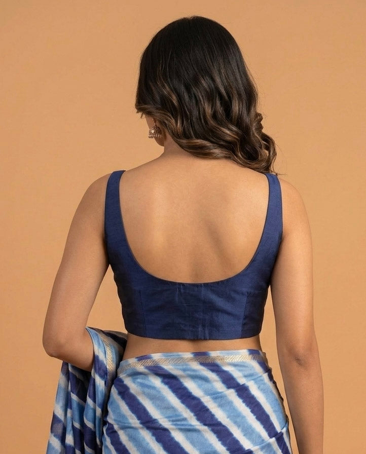 Navy Blue Art Silk U neck Sleeveless Readymade Blouse