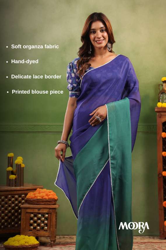 Blue & Green Ombre Organza Saree with Printed Blouse Fabric