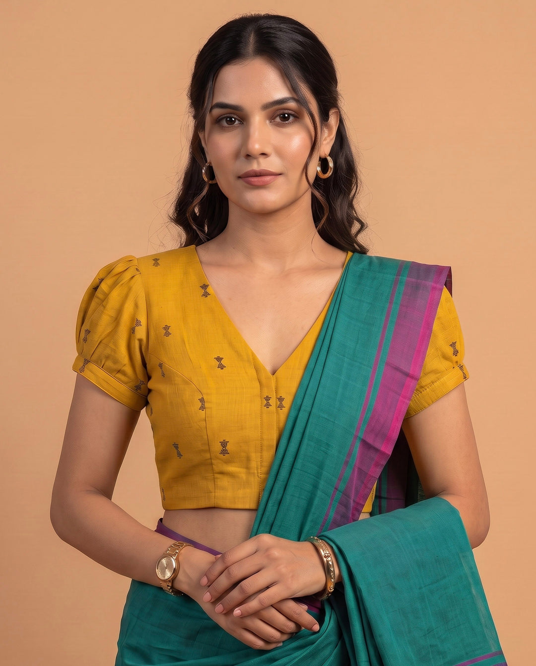Subtle days V-neck Mustard Blouse with Puff Sleeves
