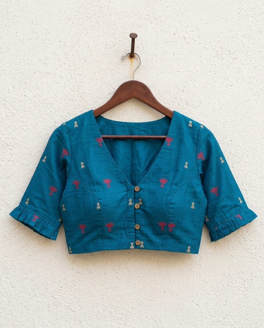 9AM button down blouse with elbow sleeve - Blue Handwoven