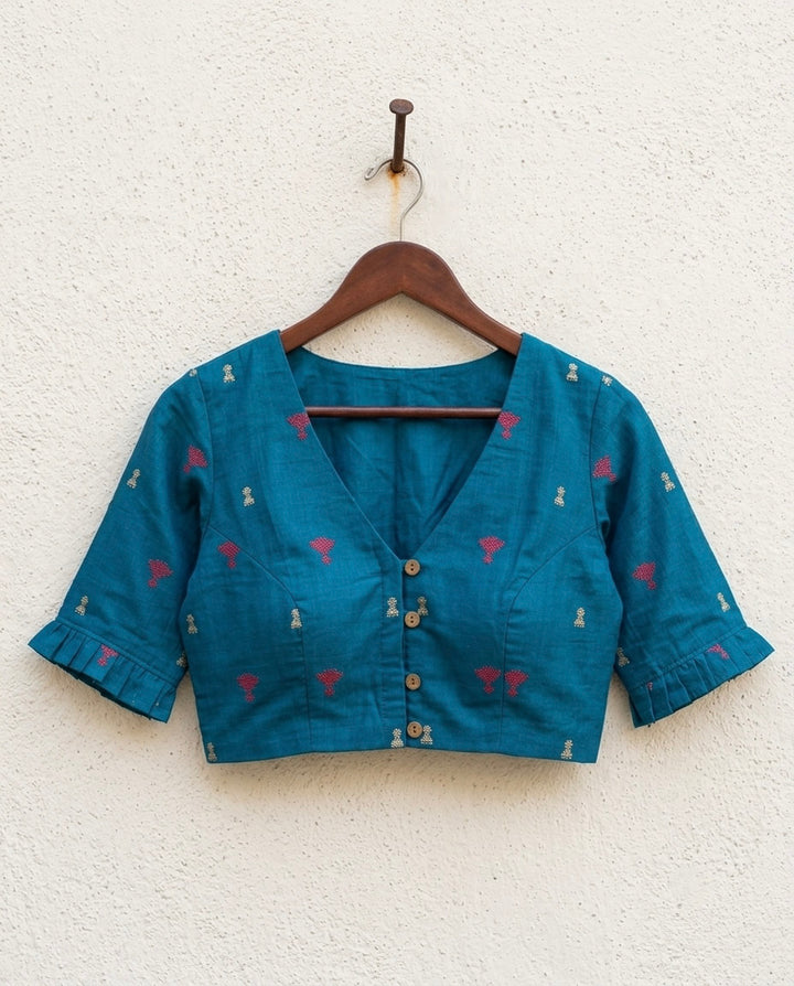 9AM button down blouse with elbow sleeve - Blue Handwoven
