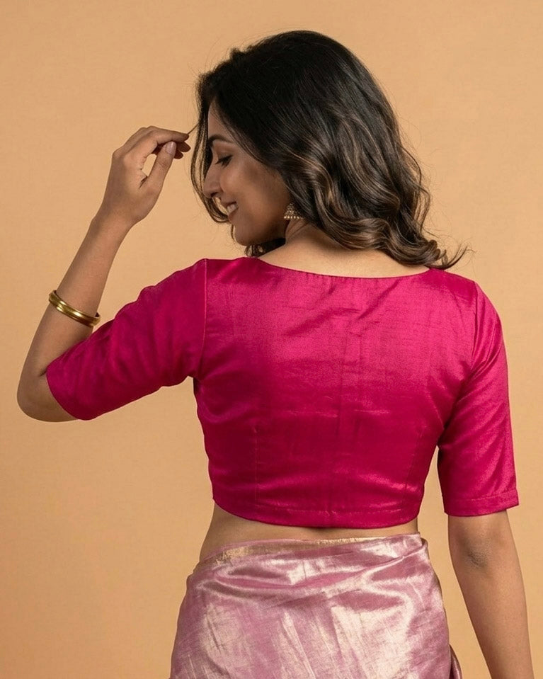 Sangini V neck Art Silk Blouse with Elbow Sleeves - Pink