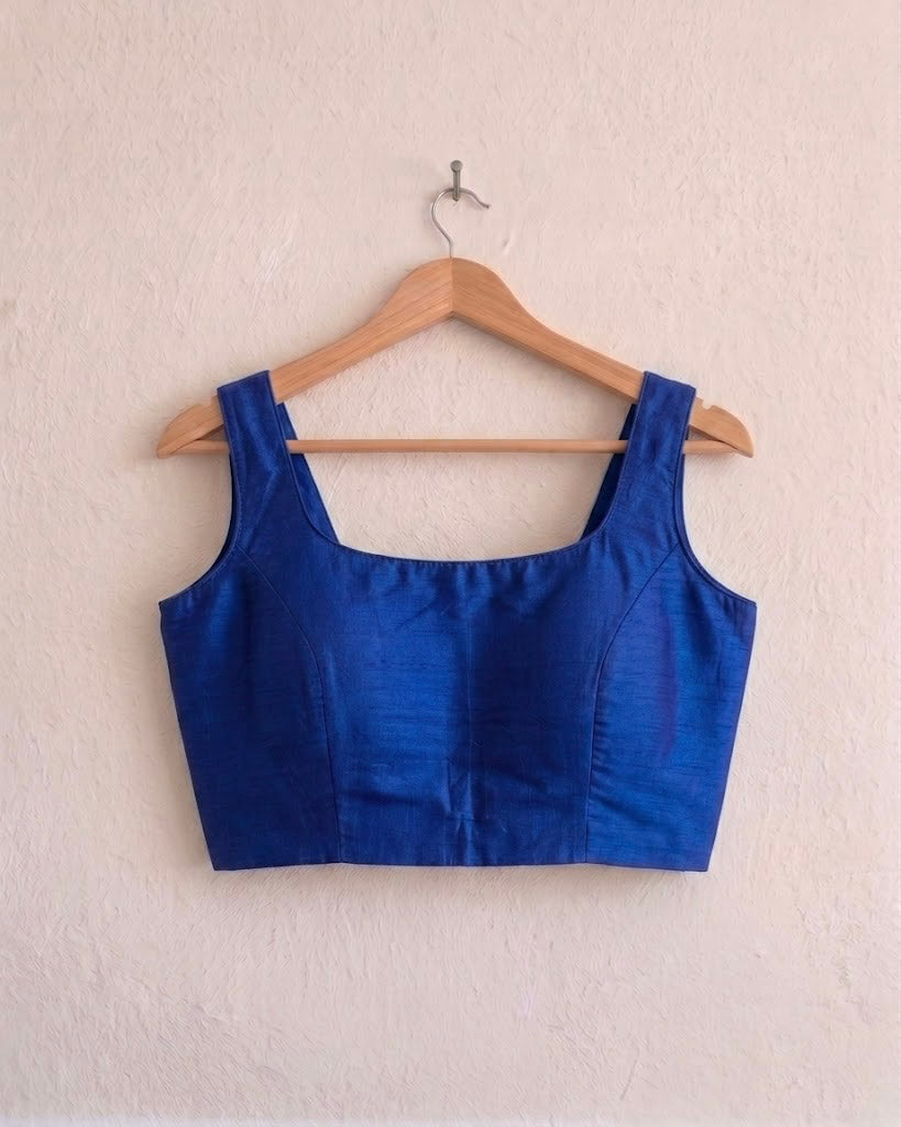 Navy Blue Art Silk U neck Sleeveless Readymade Blouse