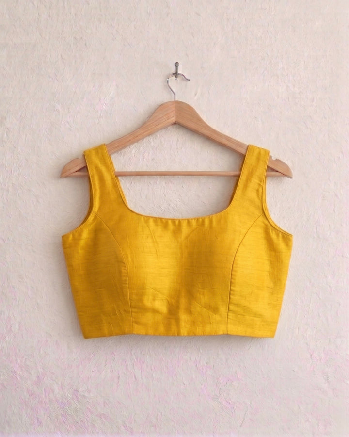 Yellow Art Silk U neck Sleeveless Readymade Blouse