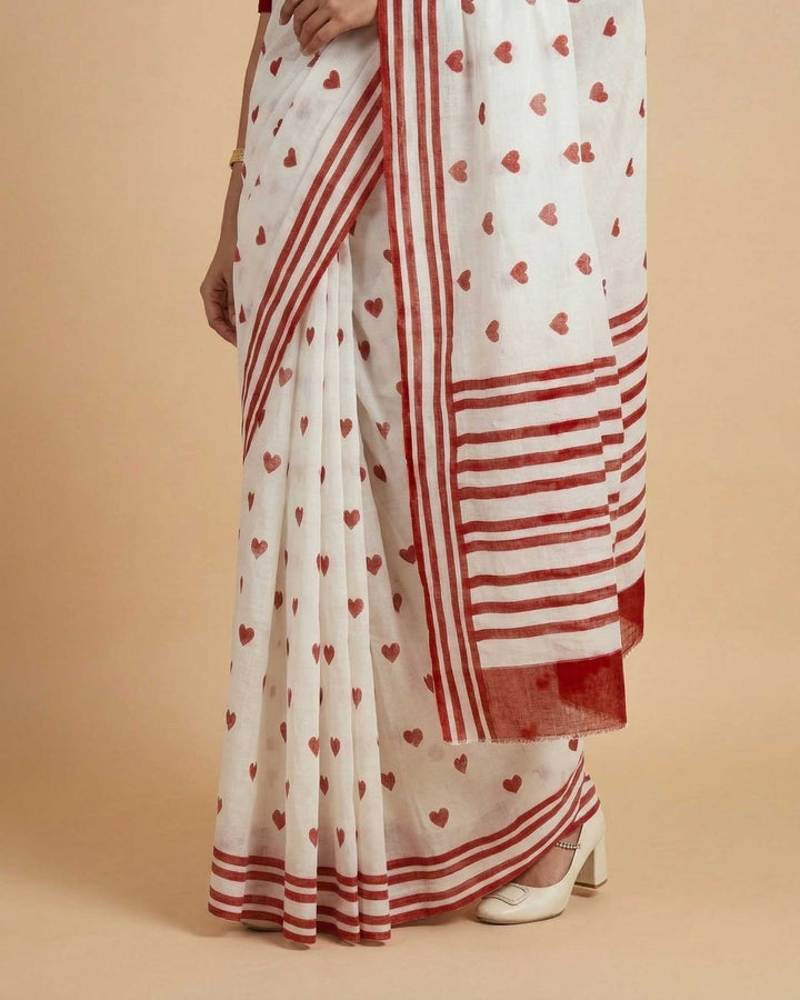 Little Hearts Hand Block Print Mul Mul Cotton Saree
