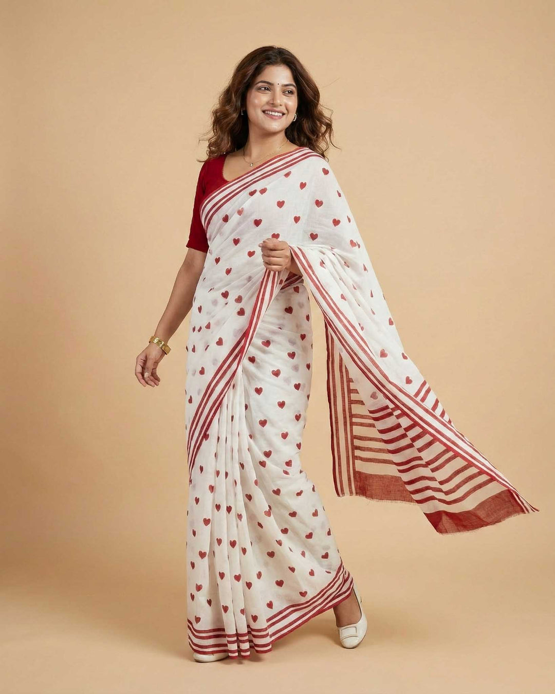 Little Hearts Hand Block Print Mul Mul Cotton Saree