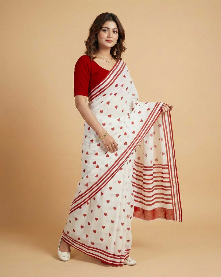 Little Hearts Hand Block Print Mul Mul Cotton Saree
