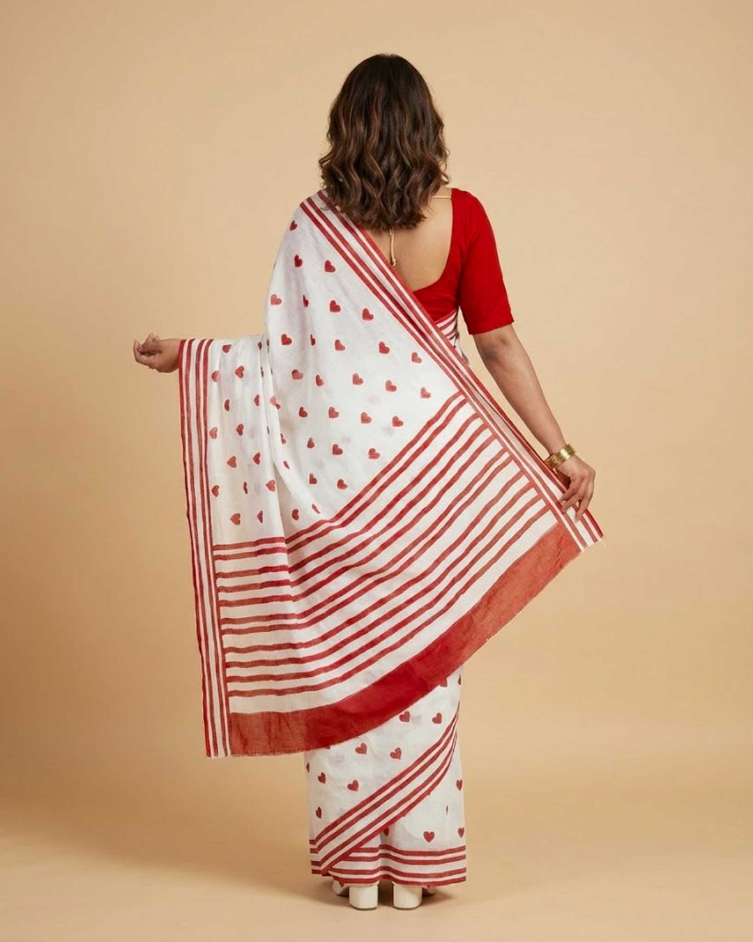 Little Hearts Hand Block Print Mul Mul Cotton Saree