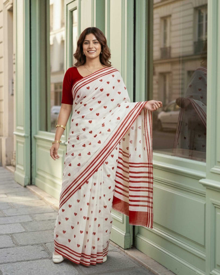 Little Hearts Hand Block Print Mul Mul Cotton Saree