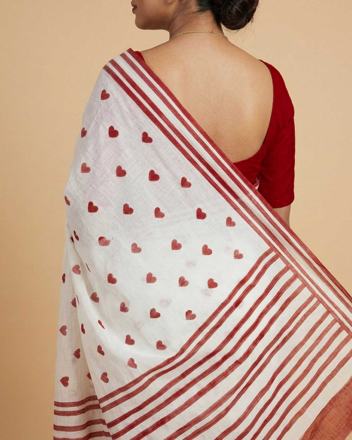Little Hearts Hand Block Print Mul Mul Cotton Saree