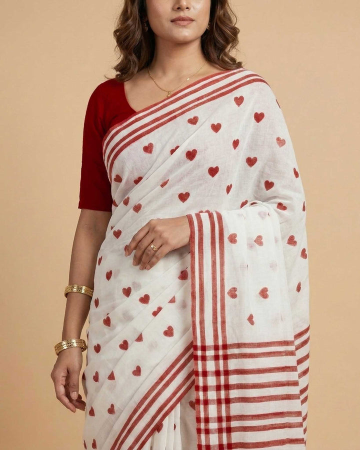 Little Hearts Hand Block Print Mul Mul Cotton Saree