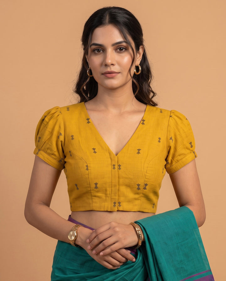 Subtle days V-neck Mustard Blouse with Puff Sleeves
