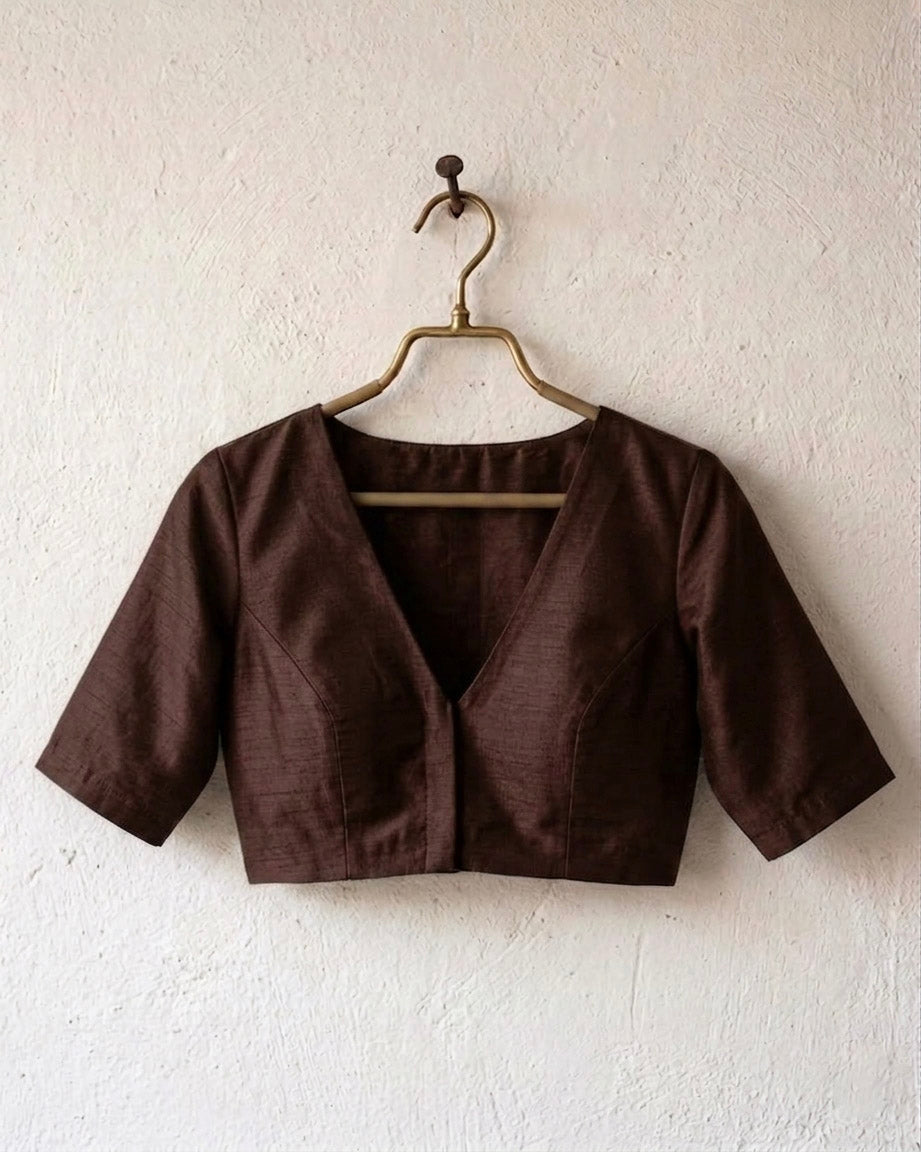 Sangini V neck Art Silk Blouse with Elbow Sleeves - Brown