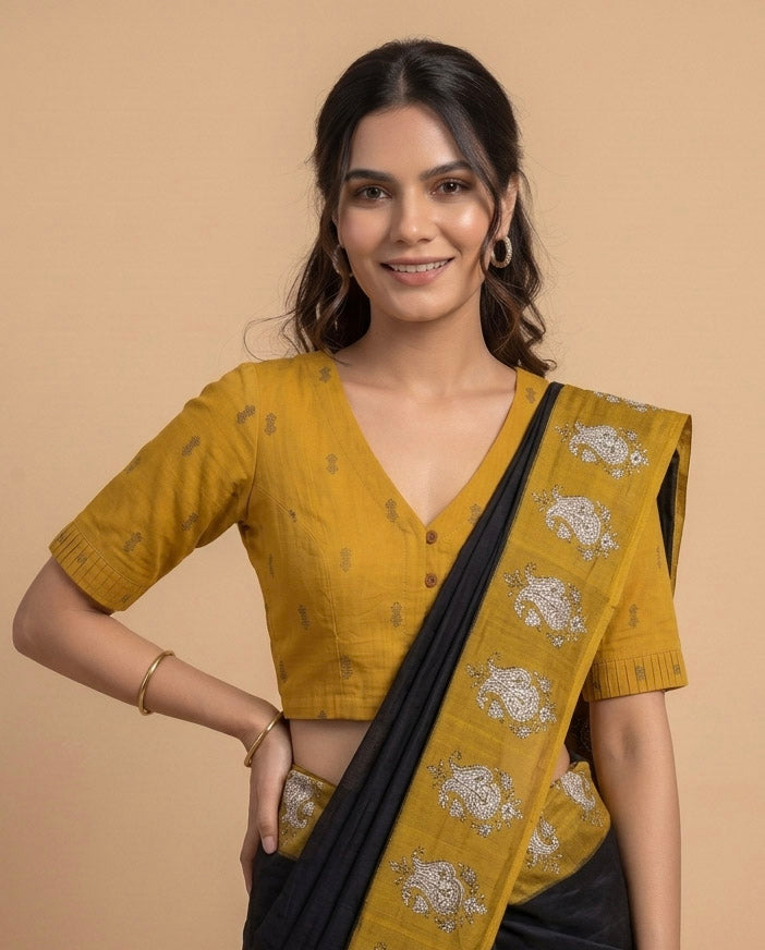 9AM button down blouse with elbow sleeve - Mustard Handwoven