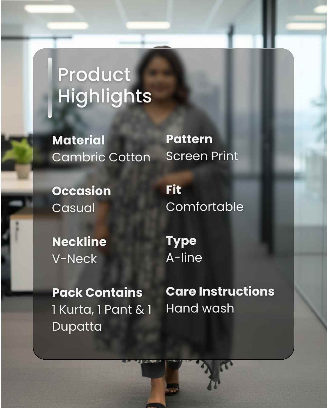 Nayra Grey Floral Cotton Dupatta, Pant and Kurta Set