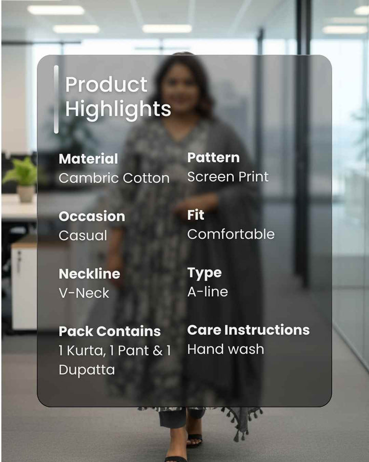 Nayra Grey Floral Cotton Dupatta, Pant and Kurta Set