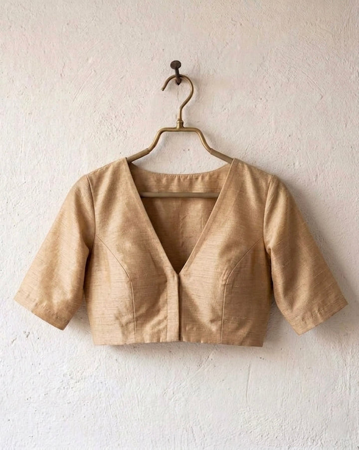 Sangini V neck Art Silk Blouse with Elbow Sleeves - Beige