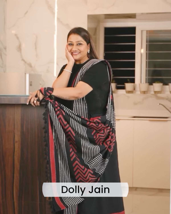 Lady in Black - Hand Block Print Mulmul Cotton Bagru Saree