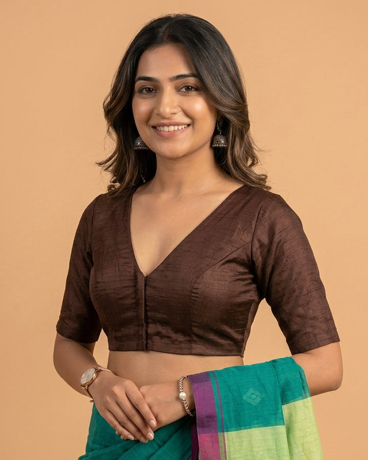 Sangini V neck Art Silk Blouse with Elbow Sleeves - Brown
