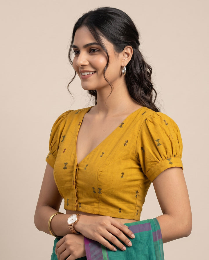 Subtle days V-neck Mustard Blouse with Puff Sleeves