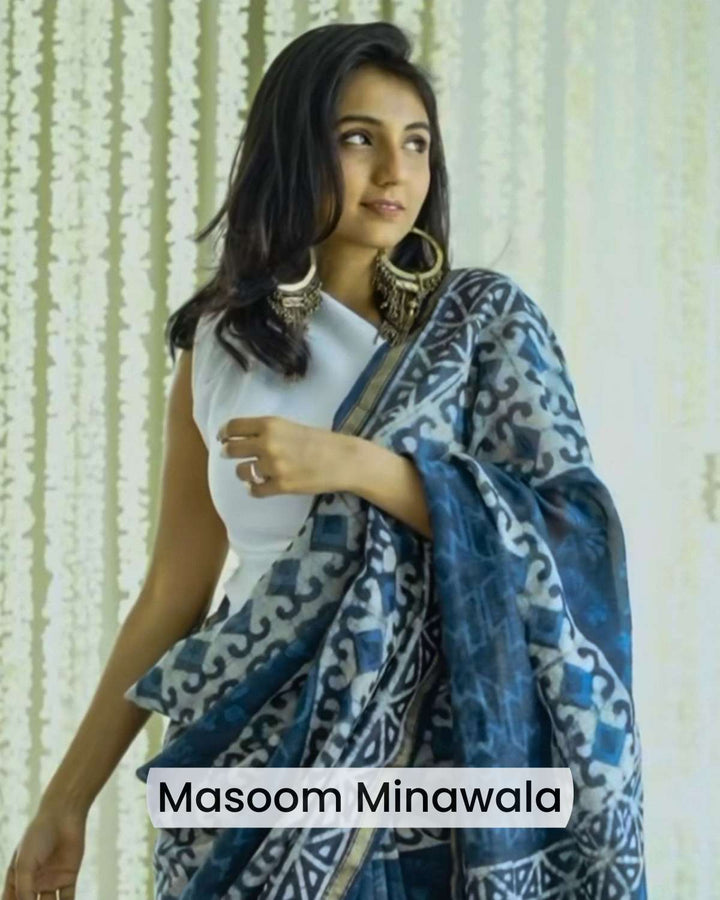 Indigo Prism - Hand Block Print Chanderi Silk Saree