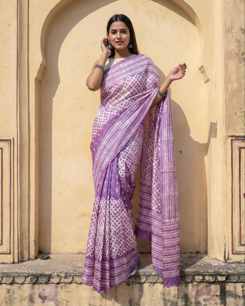 Soft Lilac Hand Block Print Dabu Silk Saree