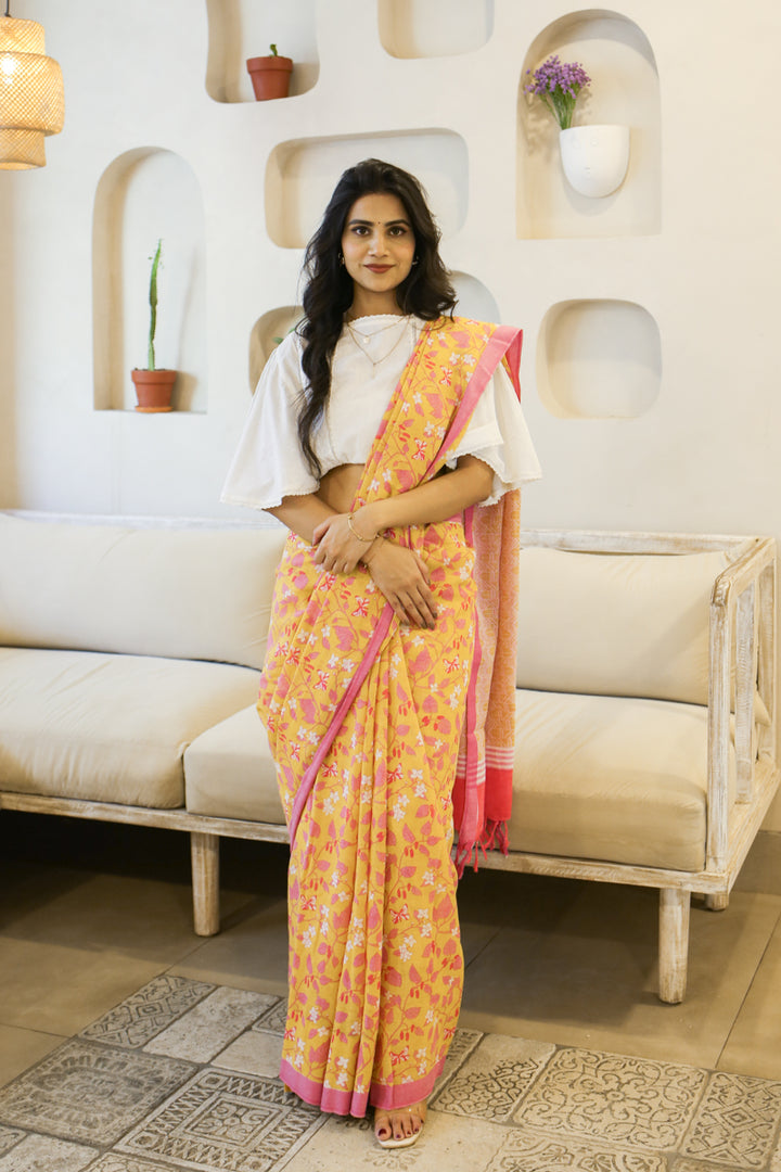 A Stitch of Summer Handwoven Mulmul Cotton Printed Saree