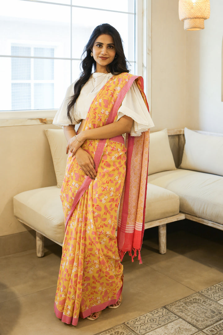 A Stitch of Summer Handwoven Mulmul Cotton Printed Saree