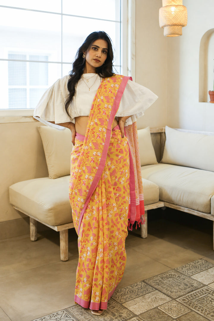 A Stitch of Summer Handwoven Mulmul Cotton Printed Saree