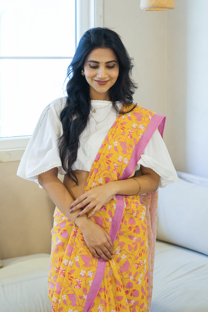 A Stitch of Summer Handwoven Mulmul Cotton Printed Saree