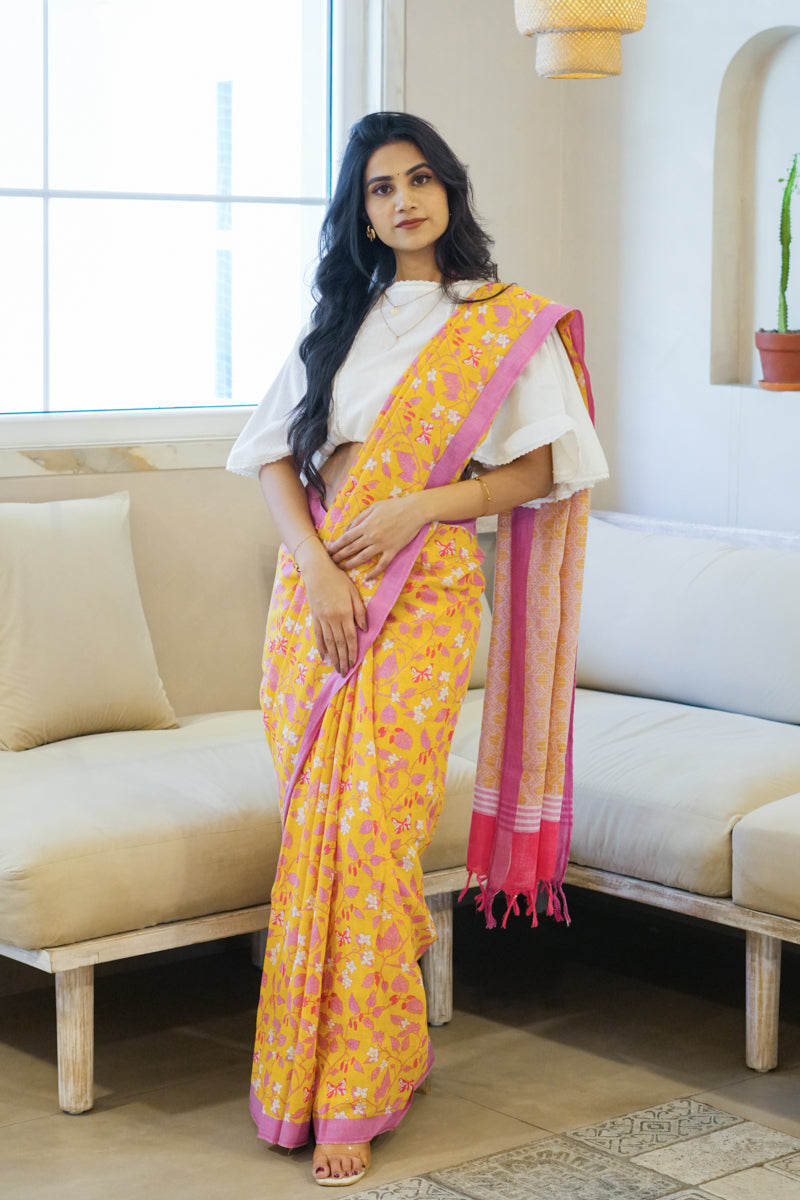 A Stitch of Summer Handwoven Mulmul Cotton Printed Saree