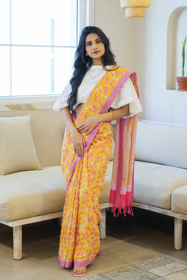 A Stitch of Summer Handwoven Mulmul Cotton Printed Saree