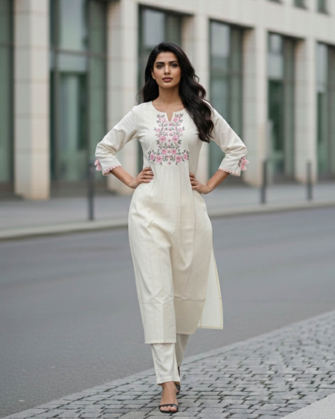 Aarohi Cotton Pant and Kurta Set with Floral Embroidery