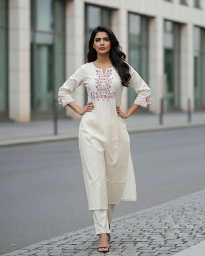 Aarohi Cotton Pant and Kurta Set with Floral Embroidery