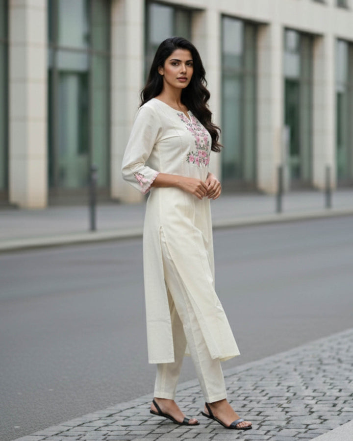 Aarohi Cotton Pant and Kurta Set with Floral Embroidery