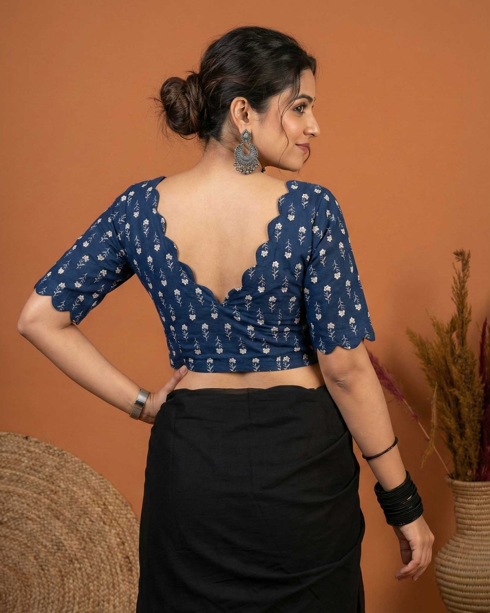 Almost Friday Blue Cotton V neck Scallop Blouse – Moora