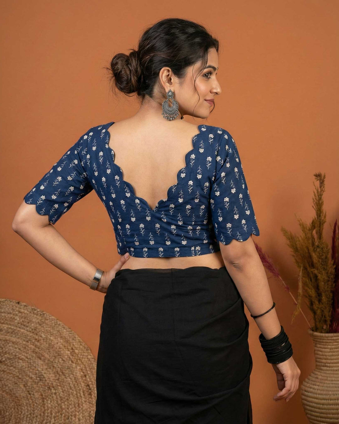 Almost Friday Blue Cotton V neck Scallop Blouse