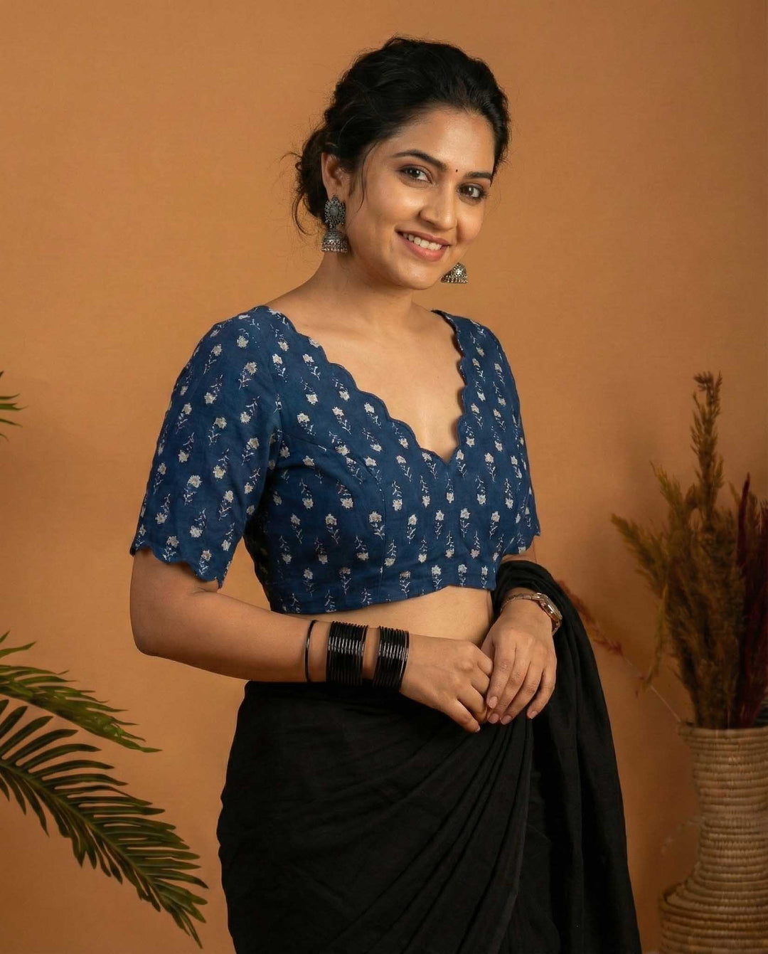 Almost Friday Blue Cotton V neck Scallop Blouse