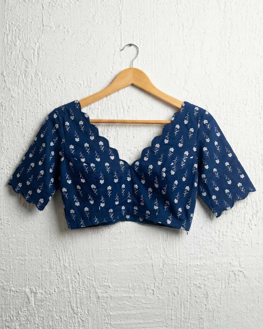 Almost Friday Blue Cotton V neck Scallop Blouse