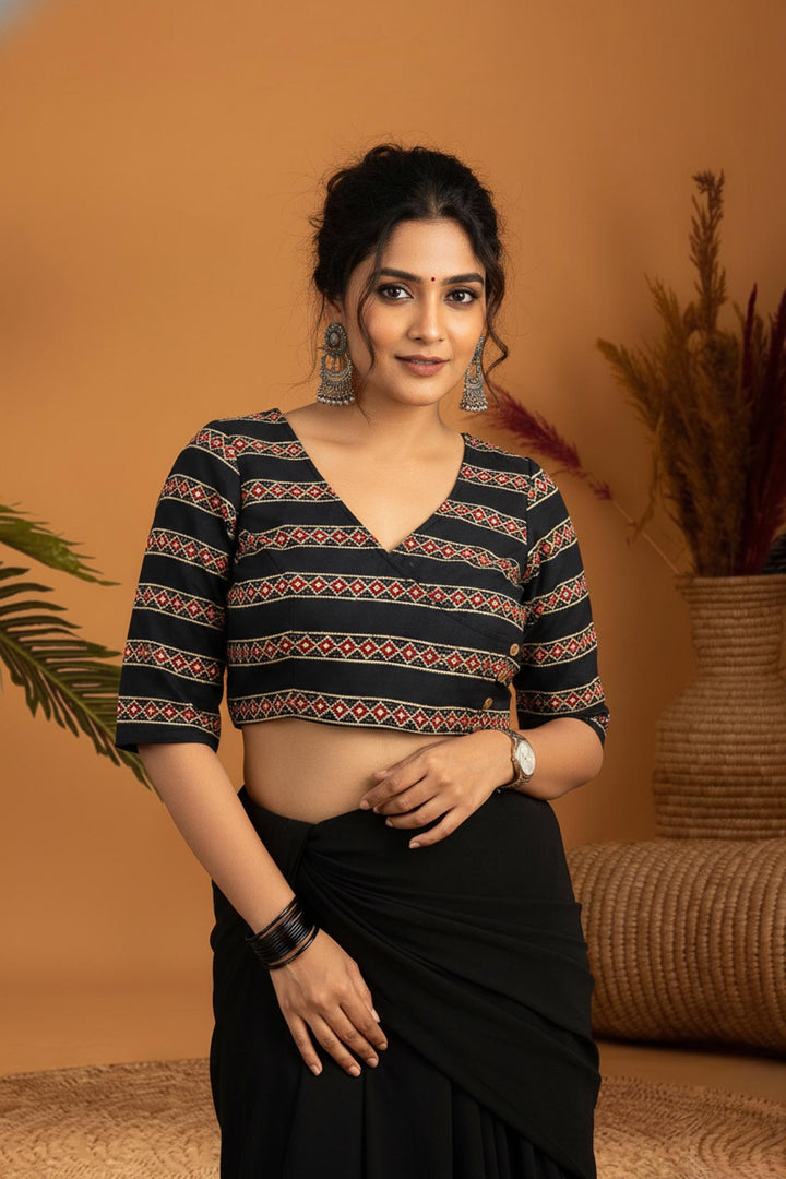 Mridula Floral Cotton Angrakha Style Blouse with Side Buttons