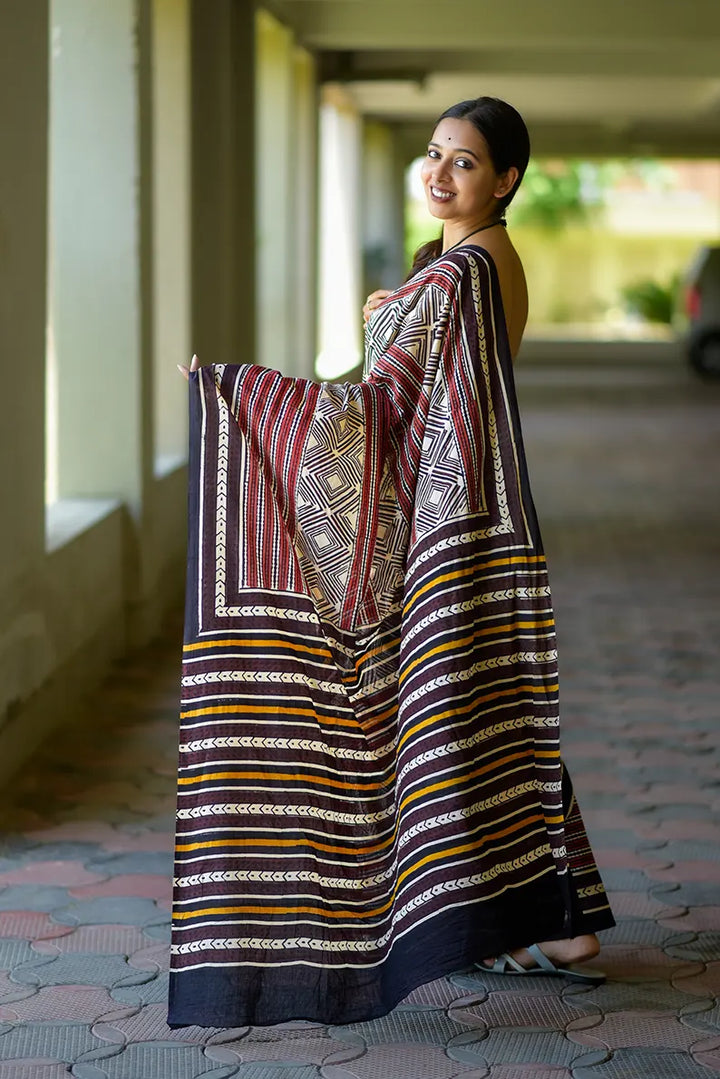 Antique Embrace - Hand Block Print Mulmul Cotton Bagru Saree