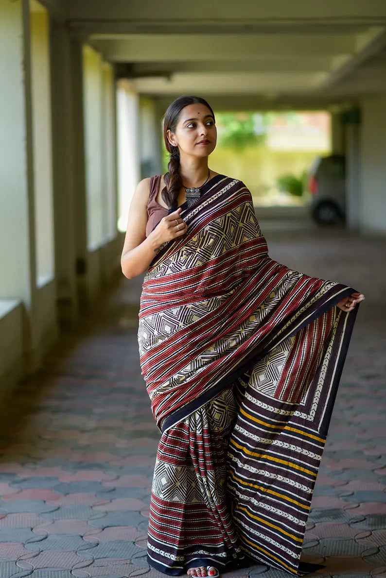 Antique Embrace - Hand Block Print Mulmul Cotton Bagru Saree