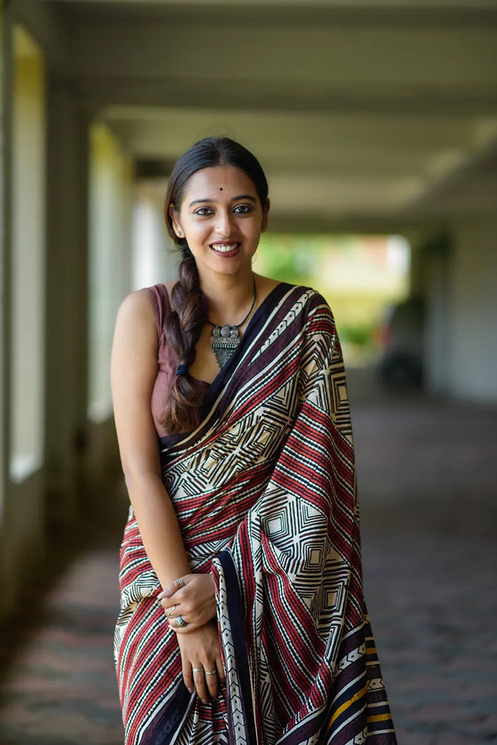 Antique Embrace - Hand Block Print Mulmul Cotton Bagru Saree