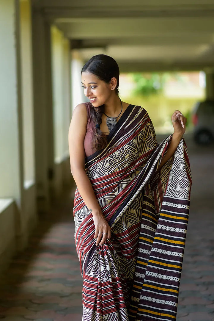 Antique Embrace - Hand Block Print Mulmul Cotton Bagru Saree