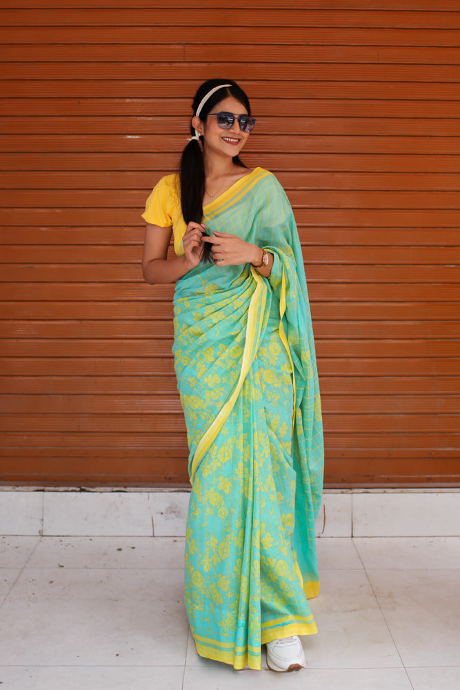 Aqua Charm Printed Mulmul Cotton Saree