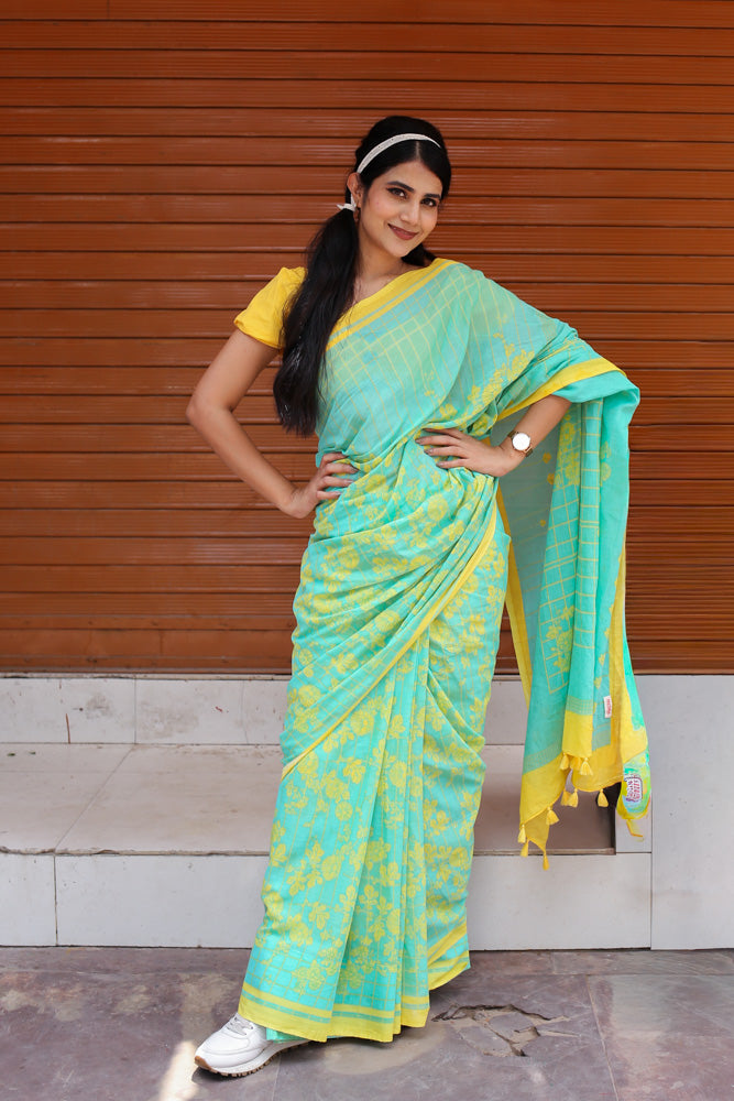 Aqua Charm Printed Mulmul Cotton Saree