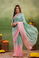 Aqua & Pink Ombre Organza Saree with Printed Blouse Fabric